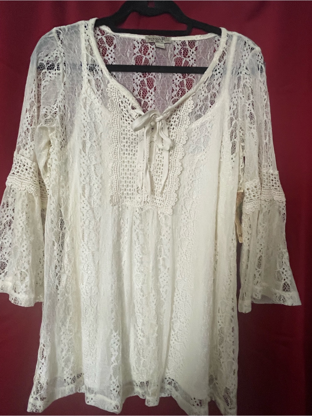 New W/ Tags One World Cream Lace Tie-Neck Bohemian Tunic — image 2 of 8